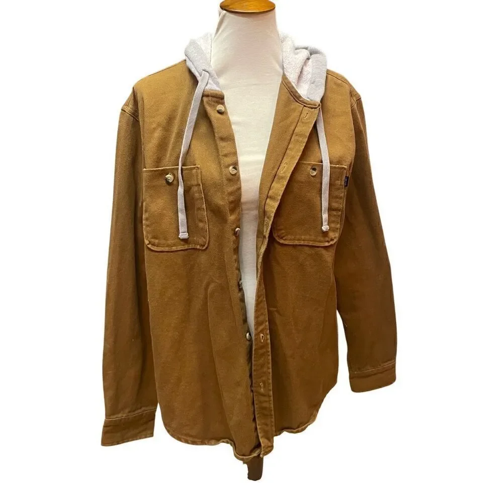 Valor Collective Canvas Denim Tan Button Down Jacket With Gray Hood Size Medium-